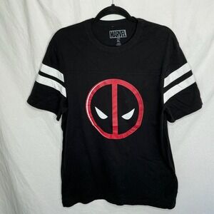 Deadpool Marvel Adult T-Shirt Stripe Sleeves Classic Logo Sz XL Black Angry Eyes